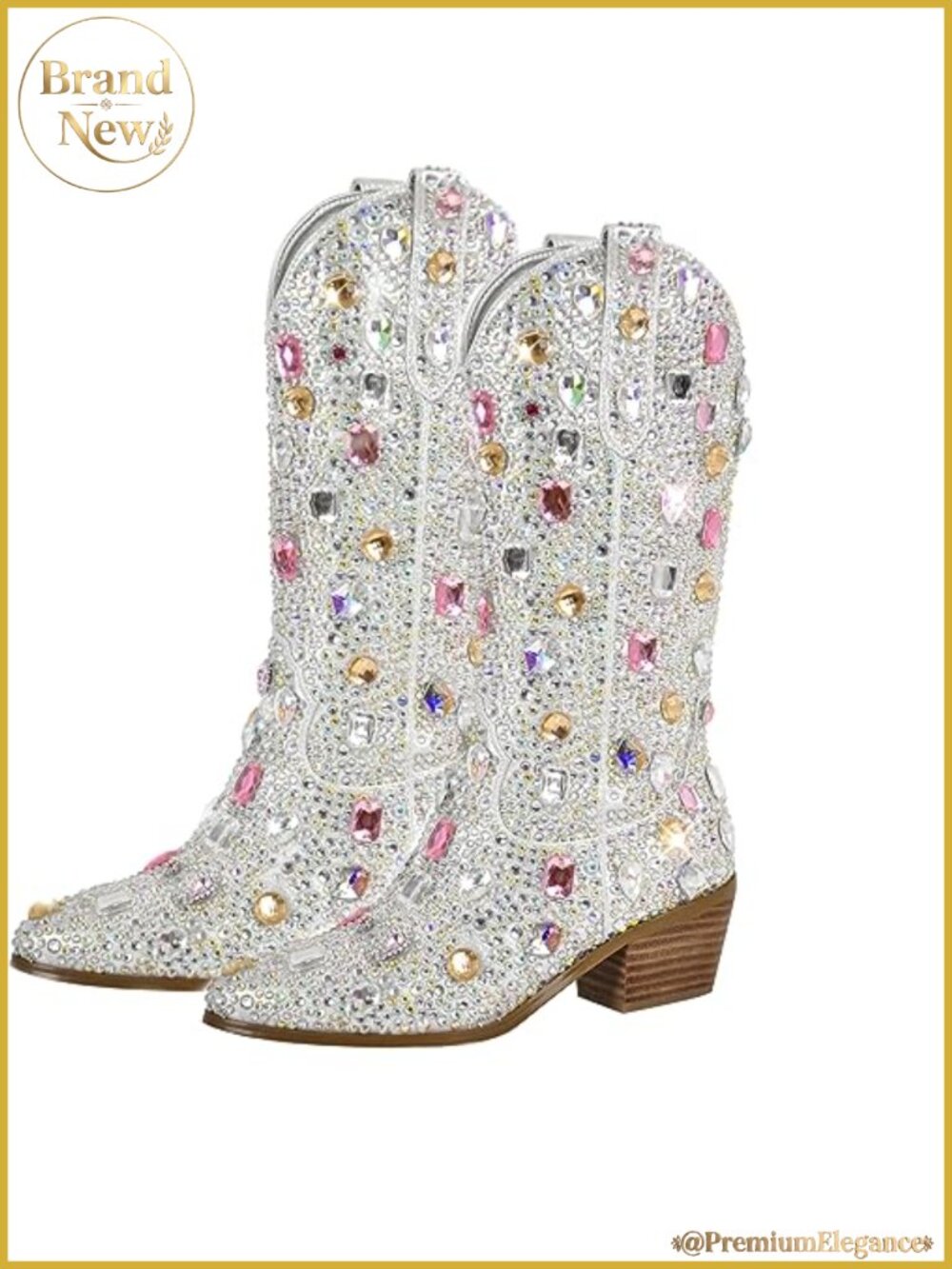 Sparkly Rhinestone Calf High Pull On Cowgirl Boots Faux Suede Pointed Toe Block